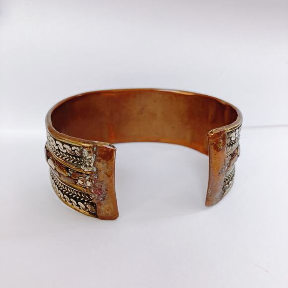 Vintage Boho Copper Mixed Metal Cuff Bracelet 1970s Ethnic Revival Jewelry - Picture 5 of 11